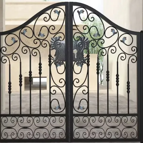 Portail fer forgé Ambierle, volutes et plaques en écailles